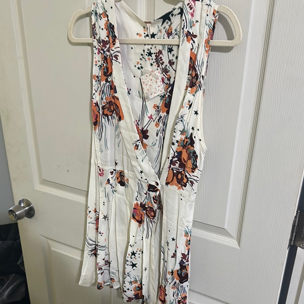 Free People Orange Red Pleated Floral Tank Top